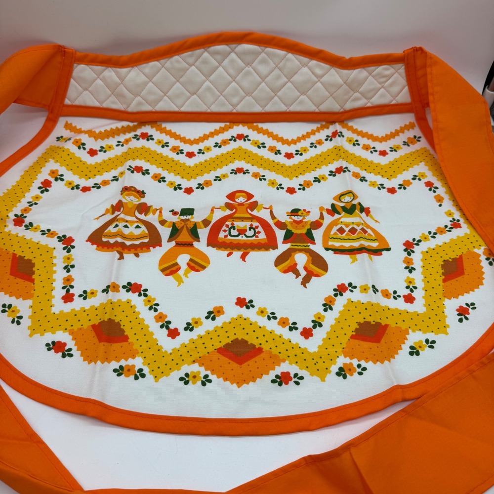 Vintage 1970s Barth Dreyfuss Royal Terry Half Apron Folk Art Dancing Peasants